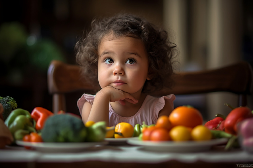 petites fille adorable hésitante devant assiettes de légumes